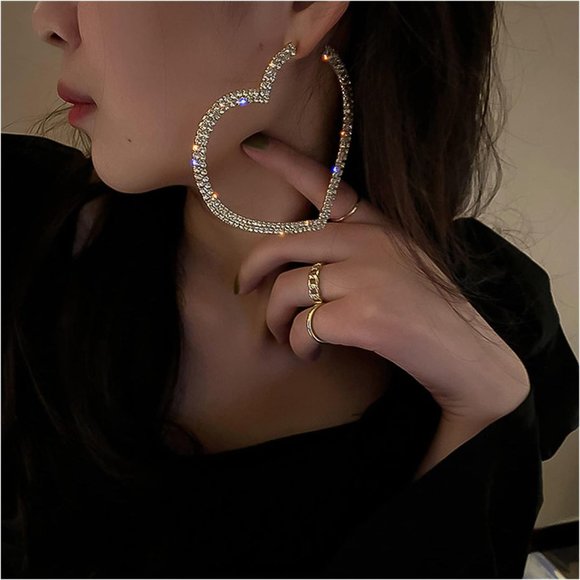 Huge Rhinestone Heart Silver Hoop Earrings CZ Crystal Pave Hoops New - Picture 1 of 14